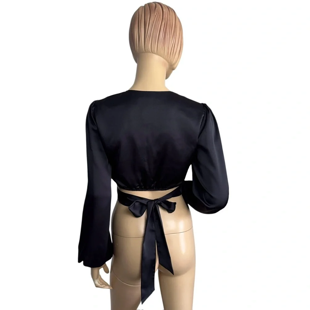 Abercrombie & Fitch Black Satin Wrap Tie Back Puff Sleeve Crop Top Size Small